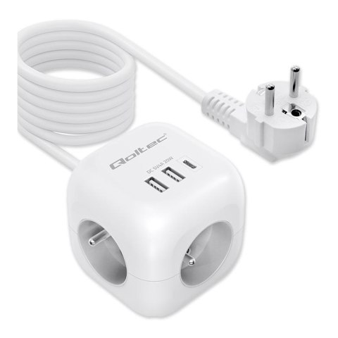 Kostka zasilająca Qoltec przedłużacz 6w1 z podświetlanym włącznikiem | 3x AC | 2x USB | 1x USB-C PD 20W | Biała | Kabel 2m Kostka zasilająca Qoltec przedłużacz 6w1 z podświetlanym włącznikiem | 3x AC | 2x USB | 1x USB-C PD 20W | Biała | Kabel 2m