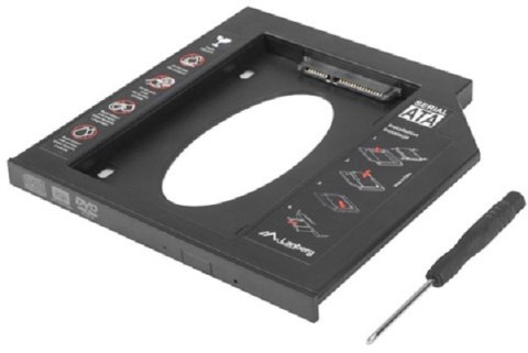 Obudowa przeznaczona na dysk 2.5 cala HDD lub SDD, pozwala na zamontowanie dodatkowego dysku w miejscu laptopowej stacji dysków Obudowa przeznaczona na dysk 2.5 cala HDD lub SDD, pozwala na zamontowanie dodatkowego dysku w miejscu laptopowej stacji dysków