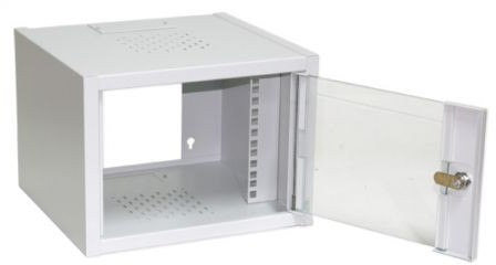 Szafa krosowa wisząca niedzielona 10" 4U 300x315x232 mm, drzwi szklane, kolor szary Szafa krosowa wisząca niedzielona 10" 4U 300x315x232 mm, drzwi szklane, kolor szary