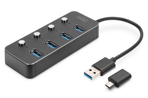Hub USB 3.0/Koncentrator DIGITUS 4-portowy USB A + adapter USB-C 5Gbps z wyłącznikami aluminiowy pasywny Hub USB 3.0/Koncentrator DIGITUS 4-portowy USB A + adapter USB-C 5Gbps z wyłącznikami aluminiowy pasywny