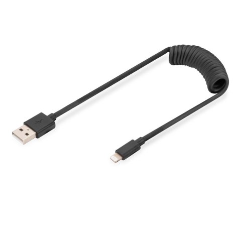 Kabel USB 2.0 DIGITUS spiralny USB A/Lightning, PD 20W, MFI, czarny, max. 1m Kabel USB 2.0 DIGITUS spiralny USB A/Lightning, PD 20W, MFI, czarny, max. 1m