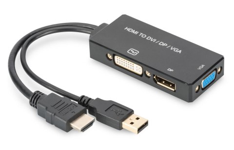 Kabel adapter DIGITUS 3w1 HDMI/USB 4K 30Hz UHD Typ HDMI A/USB na DisplayPort+DVI+VGA czarny 0,2m Kabel adapter DIGITUS 3w1 HDMI/USB 4K 30Hz UHD Typ HDMI A/USB na DisplayPort+DVI+VGA czarny 0,2m