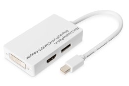 Kabel adapter DIGITUS 3w1 mini DisplayPort 1080p 60Hz FHD Typ miniDP/DP+HDMI+DVI-D M/Ż biały 0,15m