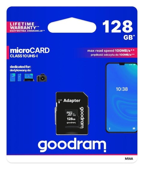 Karta pamięci microSDXC GOODRAM 128GB M1AA-1280R12 cl 10 UHS-I + adapter Karta pamięci microSDXC GOODRAM 128GB M1AA-1280R12 cl 10 UHS-I + adapter