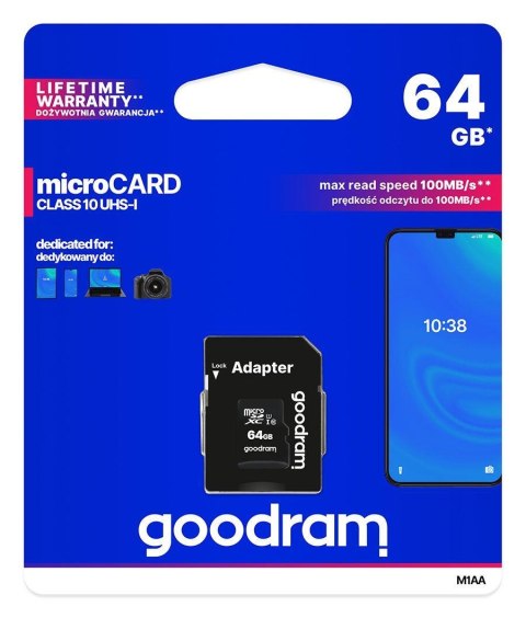 Karta pamięci microSDXC GOODRAM 64GB M1AA-0640R12 cl 10 UHS-I + adapter Karta pamięci microSDXC GOODRAM 64GB M1AA-0640R12 cl 10 UHS-I + adapter