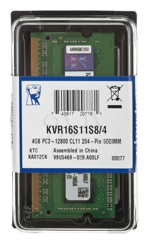 Pamięć DDR3 Kingston SODIMM 4GB 1600MHz CL11 Pamięć DDR3 Kingston SODIMM 4GB 1600MHz CL11