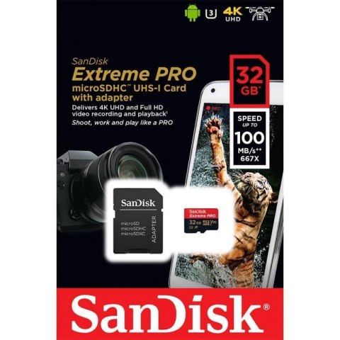 Karta pamięci MicroSDHC SanDisk Extreme Pro 32GB 100/90 MB/s A1 Class 10 V30 UHS-I U3 + adapter Karta pamięci MicroSDHC SanDisk Extreme Pro 32GB 100/90 MB/s A1 Class 10 V30 UHS-I U3 + adapter