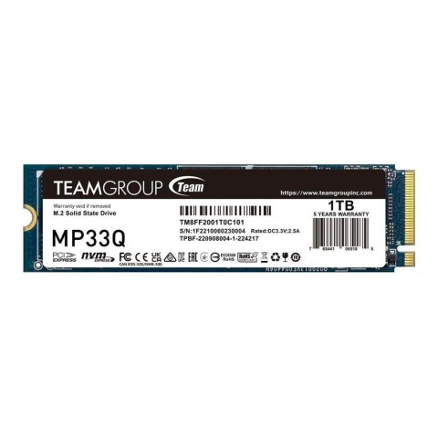 Dysk SSD Team Group MP33Q 1TB M.2 PCIe NVMe Gen3 x4 2280 (2900/1850) QLC Dysk SSD Team Group MP33Q 1TB M.2 PCIe NVMe Gen3 x4 2280 (2900/1850) QLC
