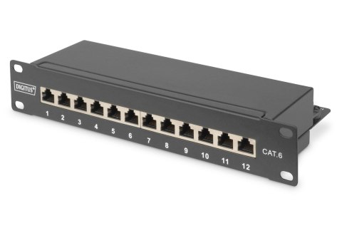 Patch panel DIGITUS 10" 12-portów RJ-45 Kat.6 ekranowany 1U kompletny LSA, wspornik kablowy, czarny Patch panel DIGITUS 10" 12-portów RJ-45 Kat.6 ekranowany 1U kompletny LSA, wspornik kablowy, czarny