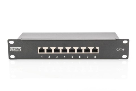 Patch panel DIGITUS 10" 8-portów RJ-45 Kat.6 ekranowany 1U kompletny LSA, wspornik kablowy, czarny Patch panel DIGITUS 10" 8-portów RJ-45 Kat.6 ekranowany 1U kompletny LSA, wspornik kablowy, czarny