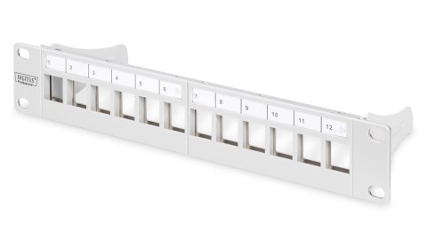 Patch panel pusty DIGITUS 10" 12 port 1U do modułów keystone (RAL 7035) Patch panel pusty DIGITUS 10" 12 port 1U do modułów keystone (RAL 7035)