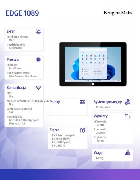 Tablet KRUGER & MATZ EDGE 1089 (10.1"/Intel Celeron N4020/128GB/Windows 11/Wi-Fi 802.11 b/g/n/Czarny) Tablet KRUGER & MATZ EDGE 1089 (10.1"/Intel Celeron N4020/128GB/Windows 11/Wi-Fi 802.11 b/g/n/Czarny)