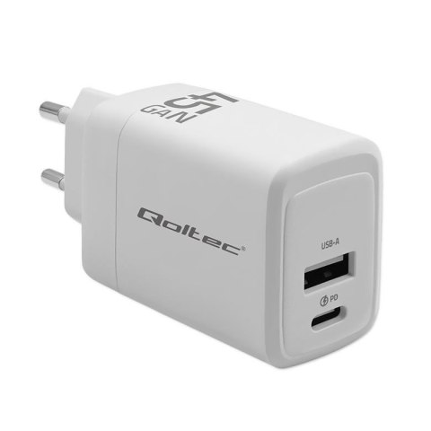 Ładowarka sieciowa Qoltec 45W GaN | 5-20V | 1.5-3A | 1xUSB-C PD | 1xUSB QC 3.0 | Biała Ładowarka sieciowa Qoltec 45W GaN | 5-20V | 1.5-3A | 1xUSB-C PD | 1xUSB QC 3.0 | Biała