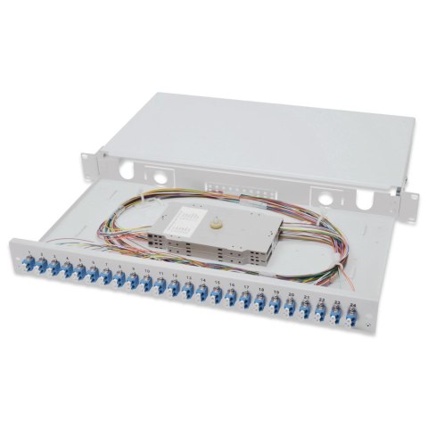 Przełącznica światłowodowa/Panel krosowy DIGITUS z wyposażeniem 19'' 1U, 24x LC dx, OS2, pigtaile, adaptery, tacki, wysuwany, sz Przełącznica światłowodowa/Panel krosowy DIGITUS z wyposażeniem 19'' 1U, 24x LC dx, OS2, pigtaile, adaptery, tacki, wysuwany, sz